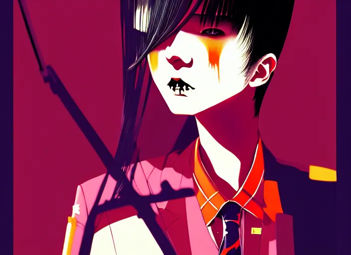 Prompt: editorial illustration by Karolis Strautniekas and Mads Berg, colorful, anime portrait vampire princess miyu, katsuhiro otomo, murata range, haruhiko mikimoto, Ilya kuvshinov,fine texture, smooth cel shading, symmetrical-face, fine details, matte print, film noir, dramatic lighting, dynamic composition, cinematic, film grain, moody, vivid, volumetric,stippled lighting, alphonse mucha face, art deco, smooth light shading, flat