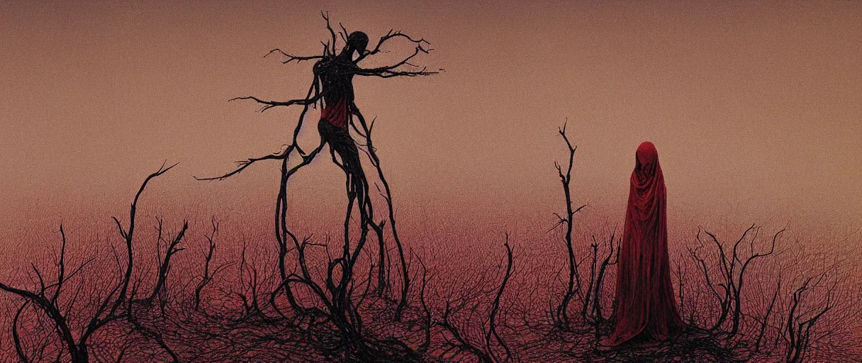 Image similar to mother and child, wrapped in thorns and wire, in a desolate, charred desert, high contrast, dark red, HDR, painted by zdzislaw beksinski