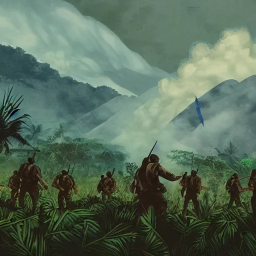 Image similar to handmade illustration of an epic Vietnam war scene with a many soldiers walking, the jungle at the background, Jamaica flag, some smoke and fire, blue sky with dramatic clouds, line art, ink, watercolor by Kilian Eng and by Jake Parker, heavy brushstrokes, winning-award masterpiece, fantastic, octane render, 8K HD Resolution, High quality image