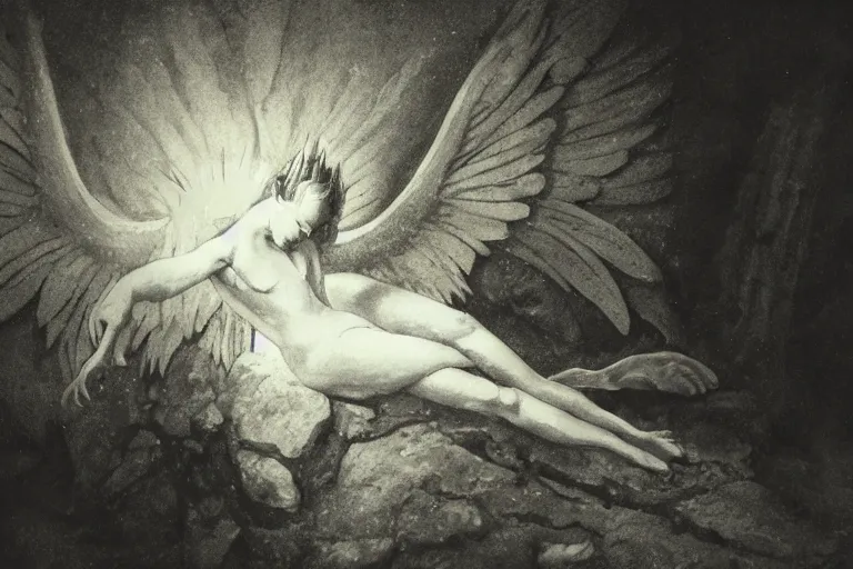 Image similar to Fallen Angel, cast out crouches in a cave, shafts of lights from above, fantasy