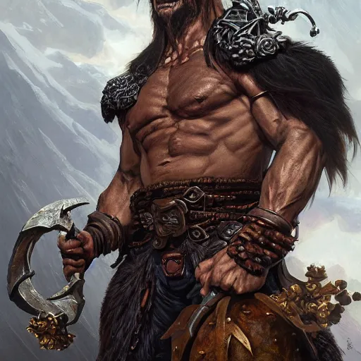 Image similar to portrait of a hulking herculean orc demon pirate rogue thief, male, masculine, upper body, belt of skulls, fantasy, frown,, intricate, elegant, highly detailed, digital painting, artstation, concept art, matte, sharp focus, illustration, art by artgerm and greg rutkowski and alphonse mucha