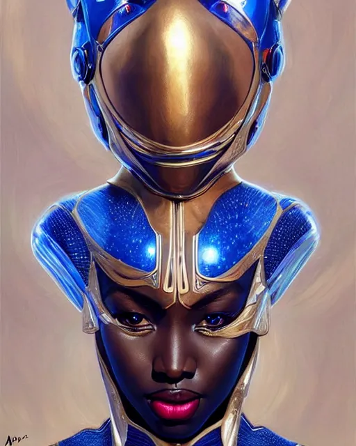 Prompt: Epic Poster of very very very very very very beautiful african woman, spacesuit, futuristic cybernetic helmet, blue eyes, real life skin, intricate, elegant, highly detailed, artstation, concept art, smooth, sharp focus, art by artgerm and greg rutkowski and alphonse mucha