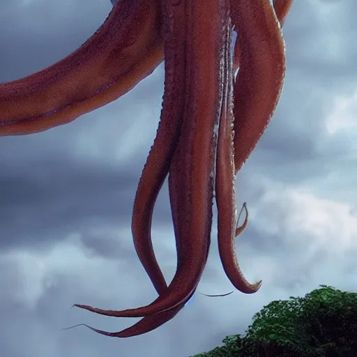 Image similar to a giant squid octopus chimea hanging from the clouds over a rain forest, still from the movie the arrival, 8k