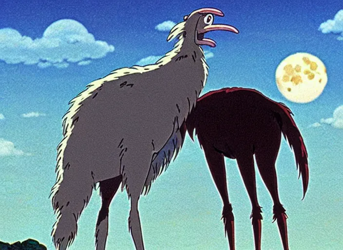 Prompt: a still from a studio ghibli movie of a cartoon ostrich from princess mononoke ( 1 9 9 7 ), in front of a pale full moon, full body, wide shot, very dull muted colors, studio ghibli, highly detailed, deviantart, art by artgem