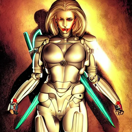 Prompt: Rand Holmes comic art, stunning female body, cyborg, eastern spy, evil smile, symmetrical face, symmetrical eyes, tailored clothing, long straight blonde hair, weapons