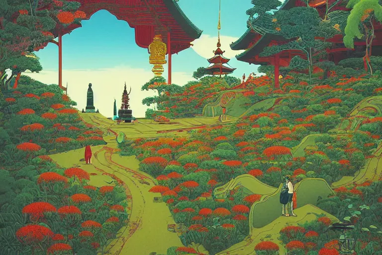 Image similar to summer afternoon, thai temple, rolling mountain, very coherent and colorful high contrast, art by gediminas pranckevicius, geof darrow, franz sedlacek, dark shadows, hard lighting, ukiyo - e, floralpuk risograph print, flowers garden