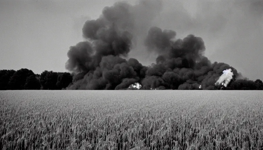 Image similar to 1 9 7 0 s movie still of a heavy burning french house in a wheat field, cinestill 8 0 0 t 3 5 mm, high quality, heavy grain, high detail, texture, dramatic light, ultra wide lens, panoramic anamorphic, hyperrealistic