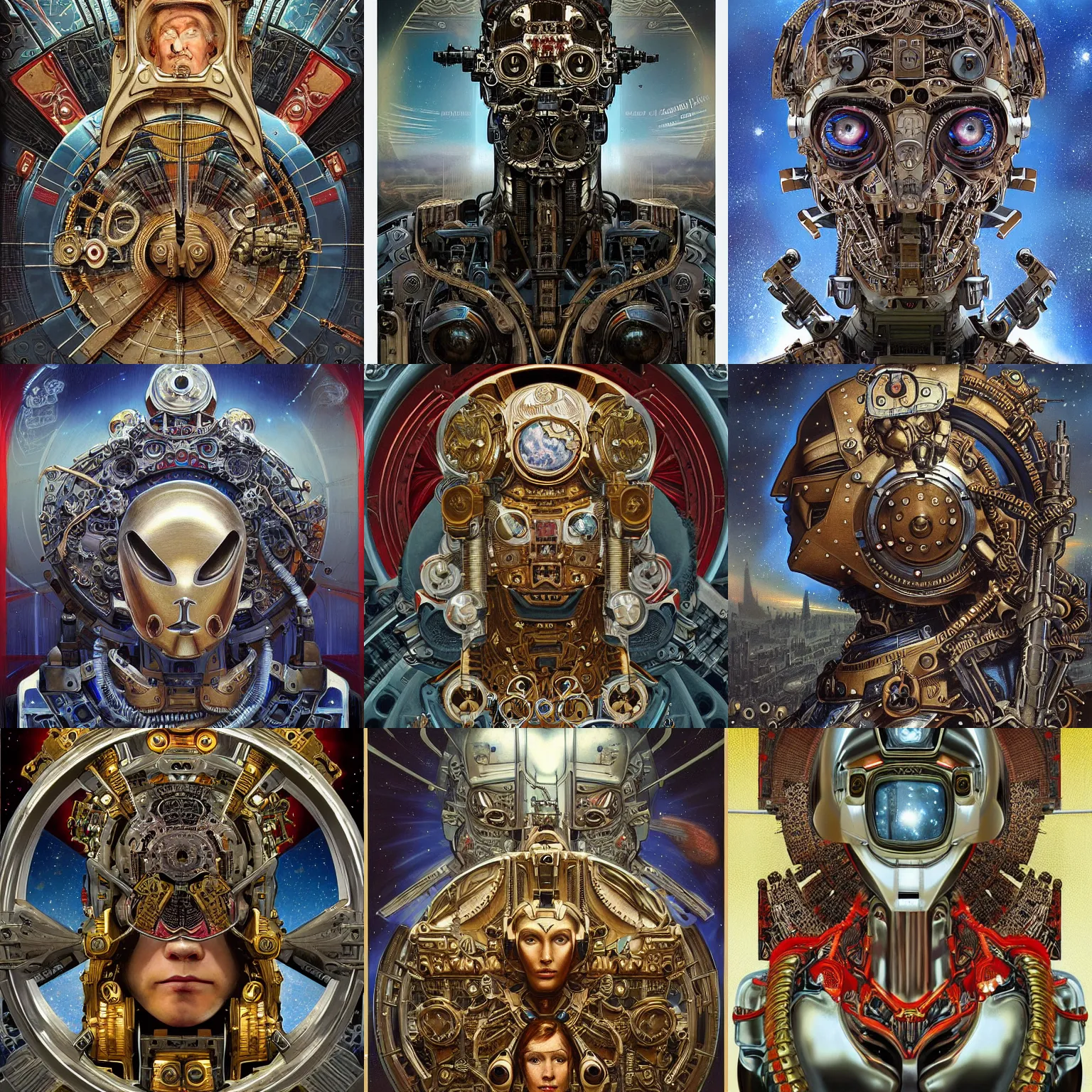 Prompt: portrait of military robot made with plasteel by Jeff Easley and Peter Elson + beautiful eyes, beautiful face + symmetry face + border and embellishments inspiried by alphonse mucha, fractal machines in the background, galaxy + baroque, neogothic, surreal + highly detailed, intricate complexity, epic composition, magical atmosphere + masterpiece, award winning + trending on artstation