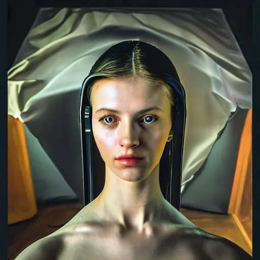 Image similar to hyperrealism aesthetic photography in caravaggio style quntum computer simulation visualisation of parallel universe cyberpunk scene with beautiful detailed ukrainian woman with detailed face and perfect eyes wearing ukrainian traditional shirt and wearing retrofuturistic sci - fi neural interface designed by josan gonzalez. hyperrealism photo on pentax 6 7, by giorgio de chirico volumetric natural light