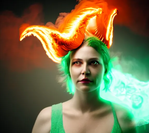 Image similar to portrait of a woman with flaming horns in the wisps of thick smoke, looking into the camera, studio photography, studio lighting, realistic render, octane render, 4 k, 8 k, glowing green eyes, face in focus