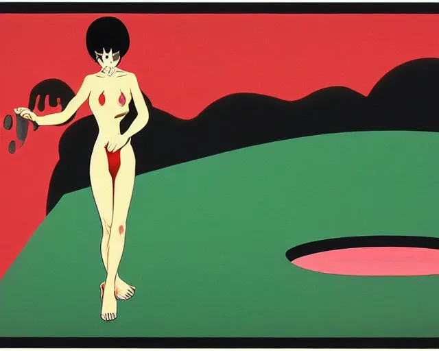 Image similar to a terrifying, disturbing painting by Hiroshi Nagai. Reg, green, and black