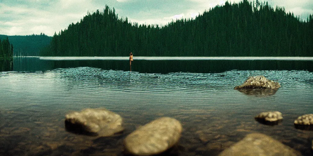 Image similar to rope in the water, in the middle of a rocky lake, eerie vibe, leica, 2 4 mm lens, cinematic screenshot from the 2 0 0 1 film directed by charlie kaufman, kodak color film stock, f / 2 2, 2 4 mm wide angle anamorphic