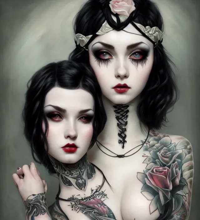 Image similar to two beautiful pale skin white eyed cosplay girls, black hair, fully tattooed body, fishnet corset with choker and whip on hand, symmetrical, beautiful detailed face, masterpiece, artstation contest winner, trending artgerm, paint by tom bagshaw