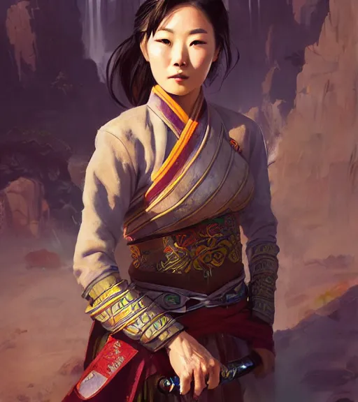 Prompt: a portrait of arden cho chef character in a scenic korean city environment by marco bucci and greg rutkowski and frank frazetta, sharp focus, detailed, cinematic, hanbok, ornate korean polearm behind her