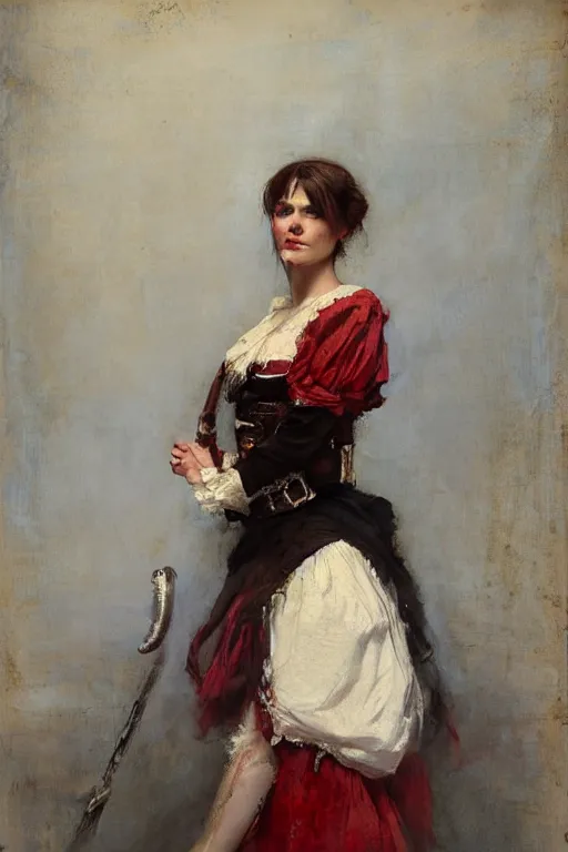 Image similar to Solomon Joseph Solomon and Richard Schmid and Jeremy Lipking victorian genre painting full length portrait painting of a young beautiful woman traditional german french pirate wench in fantasy costume, red background