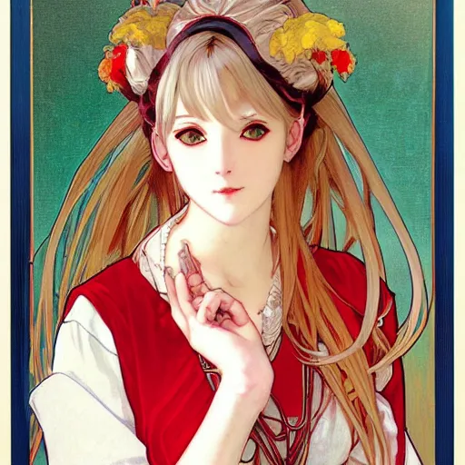 Image similar to Portrait of an anime girl with white hair wearing red gothic lolita dress, oil painting, art by Alphonse Mucha and Shirow Masamune