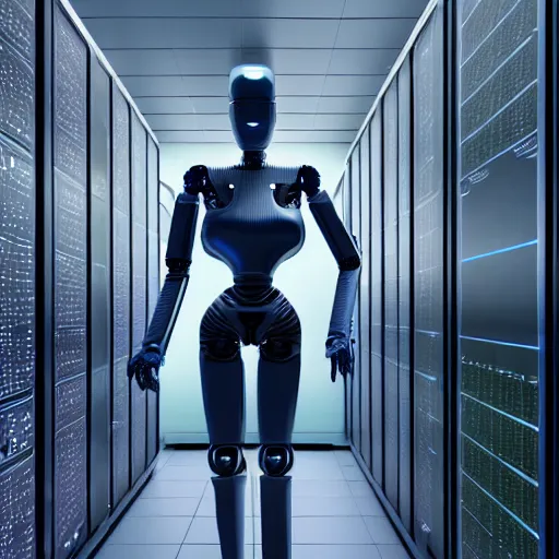 Prompt: hyperrealism stock photo of highly detailed stylish humanoid robot in sci - fi style by gragory crewdson and vincent di fate in the highly detailed data center by mike winkelmann and laurie greasley rendered in blender and octane render