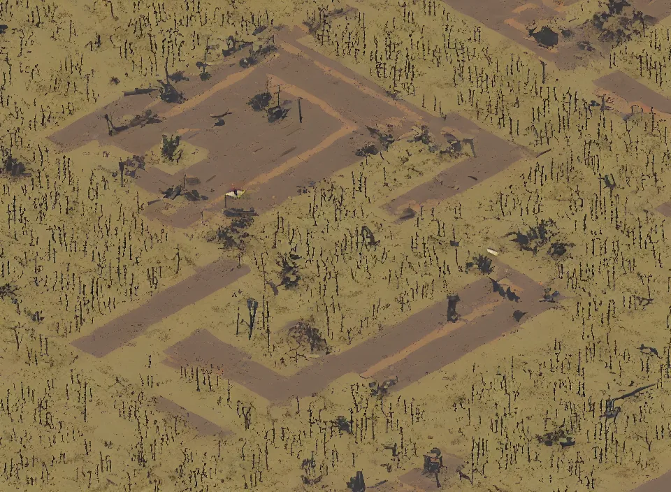 Prompt: Screenshot of a abandoned dead cornfield with a road going across it in Fallout 2 (1998), isometric perspective, postapocalyptic, bird's eye view, prerendered isometric graphics, high quality