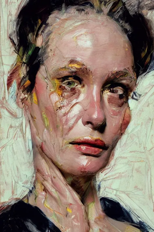 Prompt: hyperrealism close-up pretty woman portrait by Frank Auerbach photo, Vogue, by Alejandro Jodorowsky