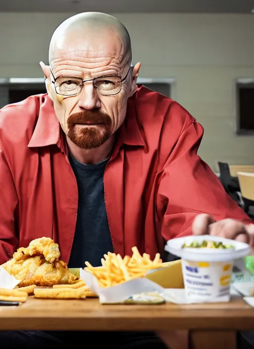 Image similar to portrait of walter white eating chicken sitting down in a fast food restaurant, 4K HD