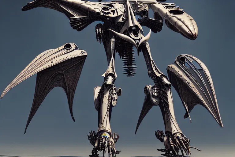 Image similar to flying pterodactyl in a winged cyborg mech suit, by alexandre ferra, zezhou chen, peter gric, mohamed reda and hr giger, hyper detailed line art, screen print, character concept art, realistic, coherent, octane render, zbrush central, behance hd, hypermaximalist