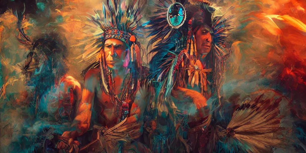 Image similar to of Native American shaman drumming by Liam Wong and Boris Vallejo