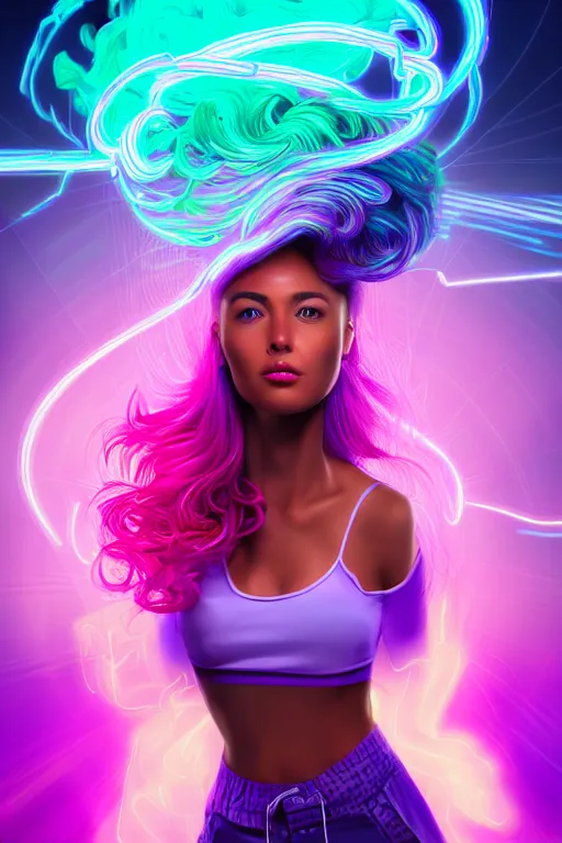 Image similar to a award winning half body portrait of a beautiful woman in a croptop and cargo pants with ombre purple pink teal hairstyle with head in motion and hair flying, surrounded by whirling illuminated lines, outrun, vaporware, shaded flat illustration, digital art, trending on artstation, highly detailed, fine detail, intricate