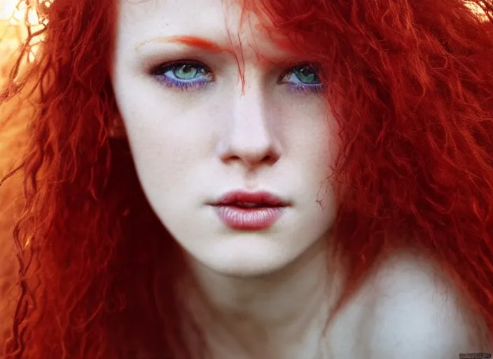 Image similar to award winning 3 5 mm close up face portrait photo of a redhead with blood - red wavy hair and precise intricate irises in a park by luis royo