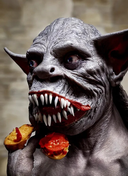 Image similar to closeup profile face portrait of a medieval goblin eating cakes in the cloisters, depth of field, zeiss lens, detailed, symmetrical, centered, fashion photoshoot, by annie leibovitz and steve mccurry, david lazar, jimmy nelsson, breathtaking, 8 k resolution, extremely detailed, beautiful, establishing shot, artistic, hyperrealistic, beautiful face, octane render