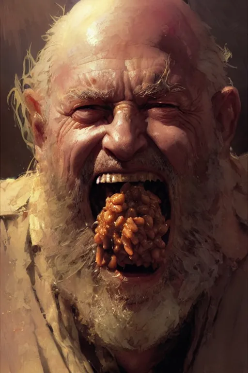 Prompt: an evil old wizard eating baked beans, extreme close up insane face portrait dnd, painting by gaston bussiere, craig mullins, greg rutkowski, yoji shinkawa