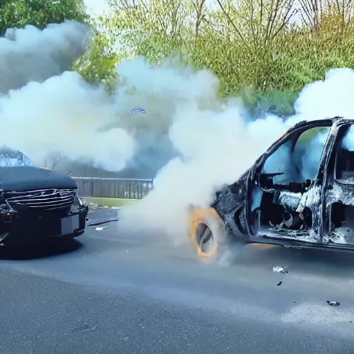 Image similar to drone footage of a car fire, photo realistic, award winning