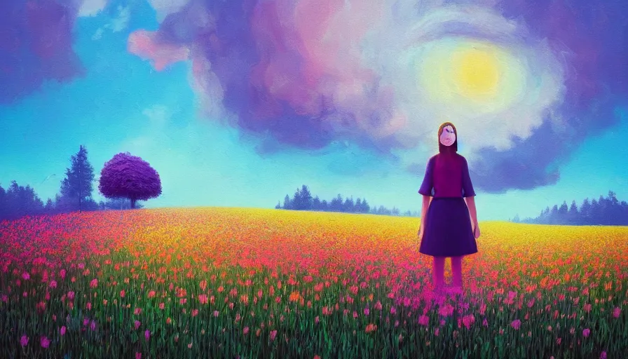 Image similar to girl with a flower face, surreal photography, dream, standing in flower field, hills, big trees, sunrise dramatic light, impressionist painting, colorful clouds, digital painting, pointillism, artstation, simon stalenhag, flower face