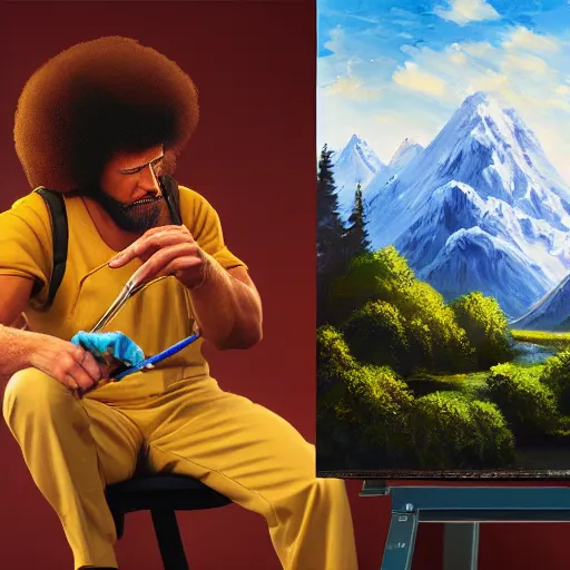 Prompt: a closeup photorealistic photograph of bob ross painting an image of iron man on a canvas. mountains and trees. film still. brightly lit scene. this 4 k hd image is trending on artstation, featured on behance, well - rendered, extra crisp, features intricate detail, epic composition and the style of unreal engine.