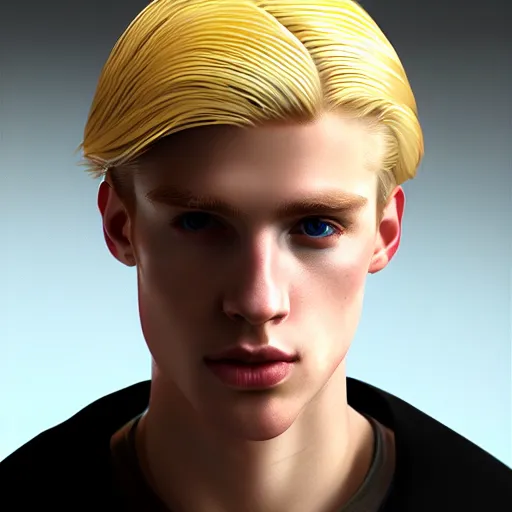 Image similar to A videogame portrait of a blond young Irish man. Male model. Dressed in 1980s style. Highly detailed, fine Art, high detail, great lighting, 8k resolution, masterpiece, concept art, illustration, clear eyes, painting oil on canvas, octane render, HDR, trending on artstation, 4k, 8k, HD