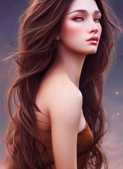 Image similar to a gorgeous female with long brown hair in the style of stefan kostic, intimate, realistic, full body shot, wide angle, sharp focus, 8 k high definition, insanely detailed, intricate, elegant, art by stanley lau and artgerm, floating embers