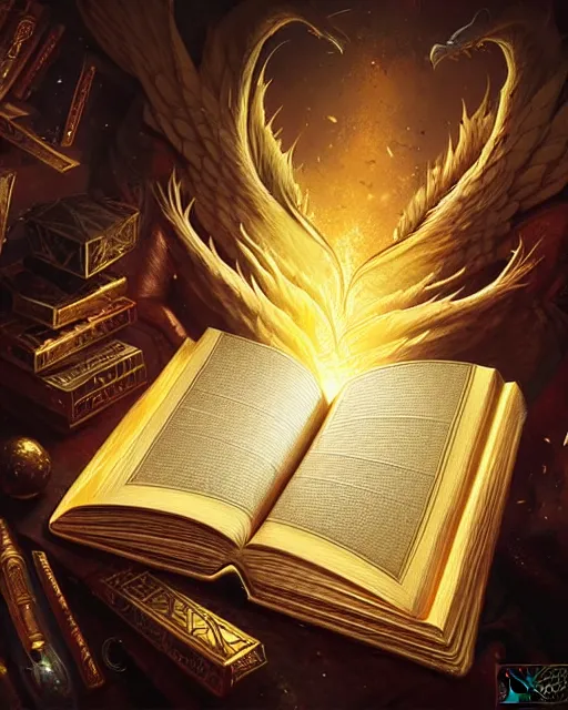 Prompt: A magic book owned by a flying wizard, highly detailed, intricate gold fibers, sharp focus, fantasy art by Artgerm and Greg Rutkowski and WLOP