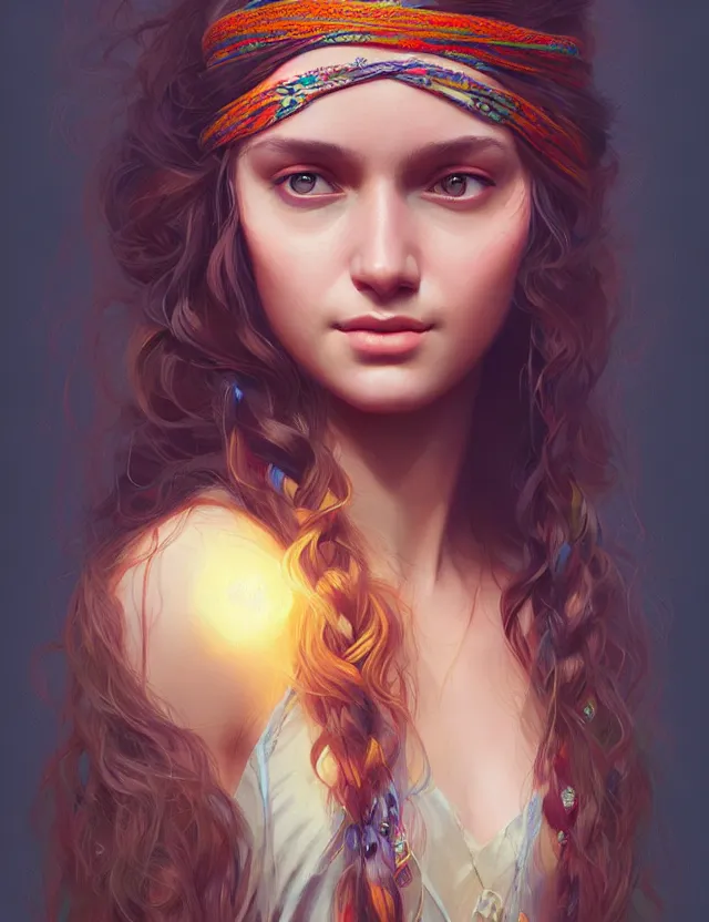 Image similar to portrait of a young woman wearing boho clothing, hippie girl, long hair, groovy hairband, bangs, intricate, smooth, groovy lighting, highly detailed, digital painting, artstation, concept art, smooth, sharp focus, illustration, art by wlop, mars ravelo and greg rutkowski