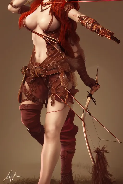 Prompt: Full picture of Redhead archer, high fantasy, ornamental bow, trending on artstation, arstationhd, HD