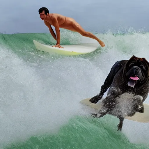 Prompt: a comedy movie for bull mastiff about surfing