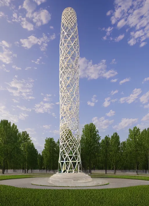 Image similar to highly detailed realistic architecture 3 d render of a stele shukhov tower standing in a city park, archdaily, made in unreal engine 4 octane render