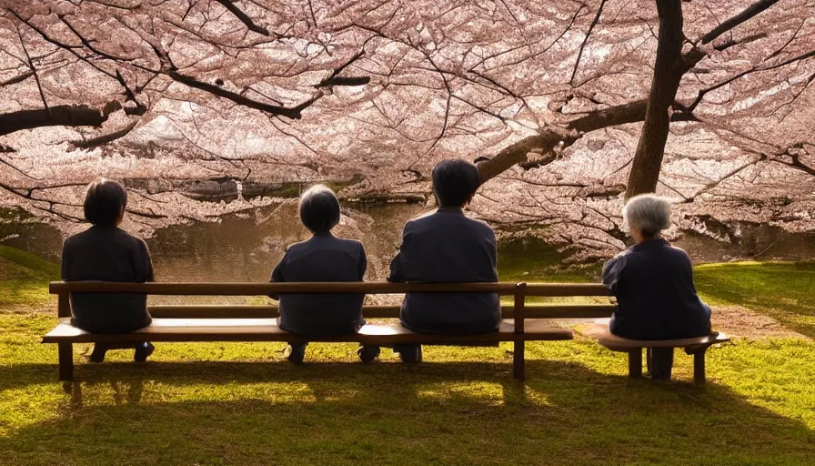 Image similar to back view of an old japanese couple watching sunset while sitting on the bench, cherry blossoms, lake, forest, village, hayao miyazaki, hyperdetailed, artstation, cgsociety, 8 k