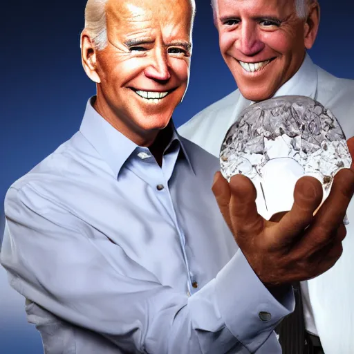 Prompt: UHD photo of Joe Biden holding up a big quartz crystal with Hunter Biden holding a glass pipe, UHD, photorealistic, trending on artstation, trending on deviantart, correct face