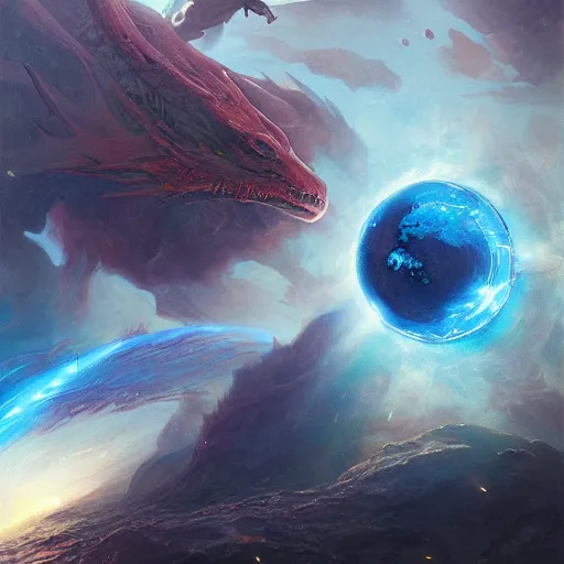 Image similar to Blue dragon devouring an earth like planet in space, sun system, nebula in the background, oil painting, by Fernanda Suarez and Edgar Maxence and Greg Rutkowski