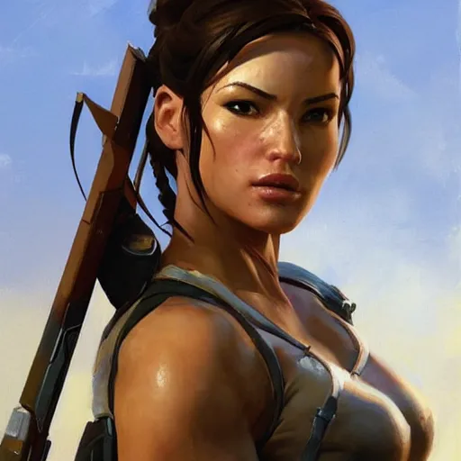 Prompt: greg manchess portrait painting of partially armored lara croft as overwatch character, close - up shot, asymmetrical, profile picture, organic painting, sunny day, matte painting, bold shapes, hard edges, street art, trending on artstation, by huang guangjian and gil elvgren and sachin teng