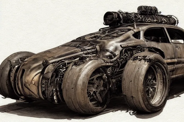 Image similar to Concept art of a mad max wedge car. Dieselpunk