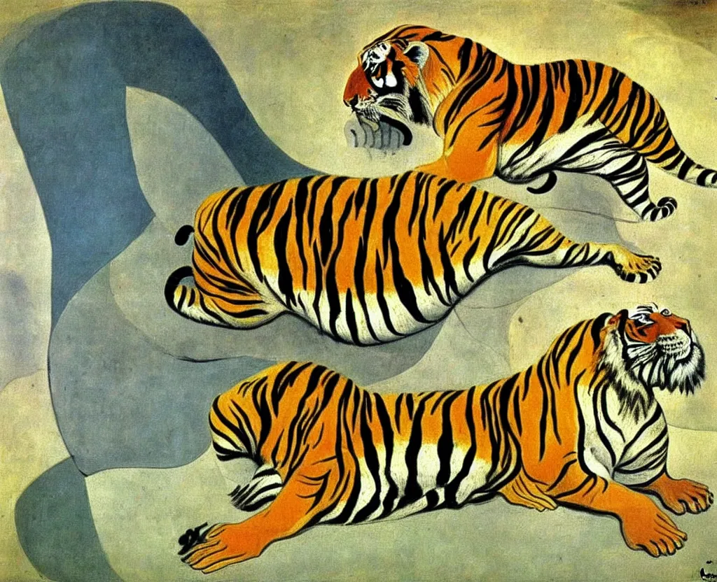 Prompt: achingly beautiful naturalist painting of one solitary tiger. picasso, dali.