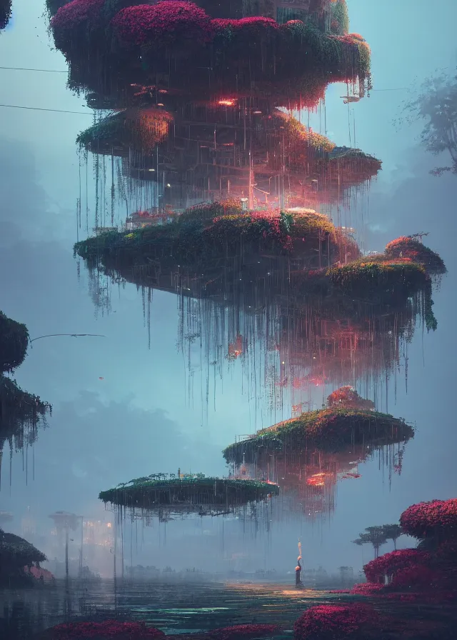 Image similar to The Empress’ hanging, swirling gardens, Jakub Kasper, Makoto Shinkai, Simon Stålenhag, matte painting, featured in artstation, dramatic lighting, octane render, cinematic, elegant, intricate, 8k