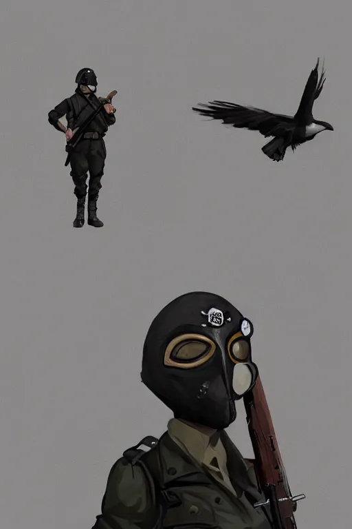 Image similar to ww 2 british sas female masked operative with the standard black uniform and a white porcelain crow mask, artstation, trending on artstation, establishing shot, by simon stalenhag