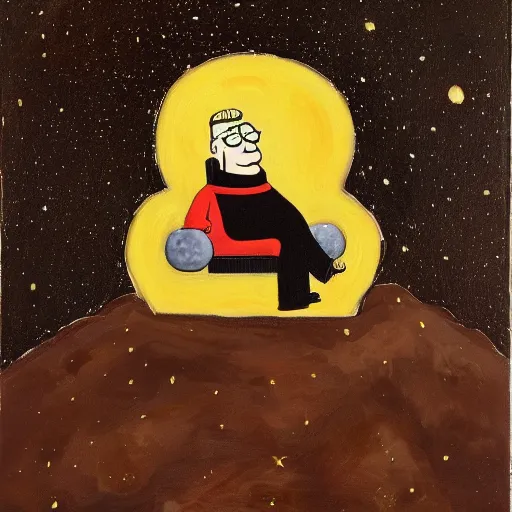 Prompt: Peter Griffin wearing a black robe and sitting on a golden throne on the moon, oil on canvas,