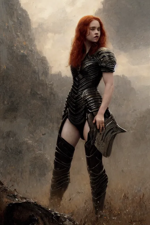 Image similar to redhead emilia clarke wearing black geometric armour, bare legs, detailed, by gaston bussiere, bayard wu, greg rutkowski, giger, maxim verehin, greg rutkowski, masterpiece, sharp focus, cinematic lightning